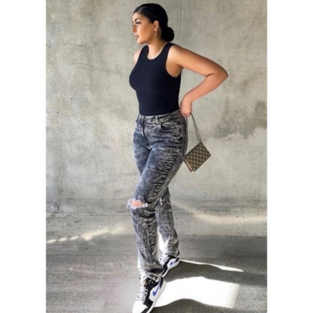 Gray Acid Wash High Waist Ripped Distressed Straight Leg Jeans Denim Pants - Picture 9 of 15